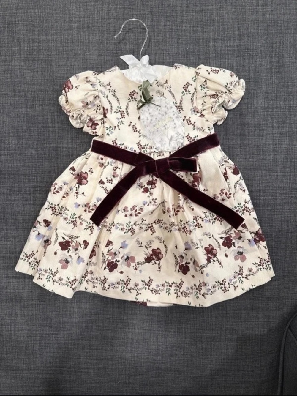 Edgehill Collection Cream Floral Dress with Burgundy Velvet Bow